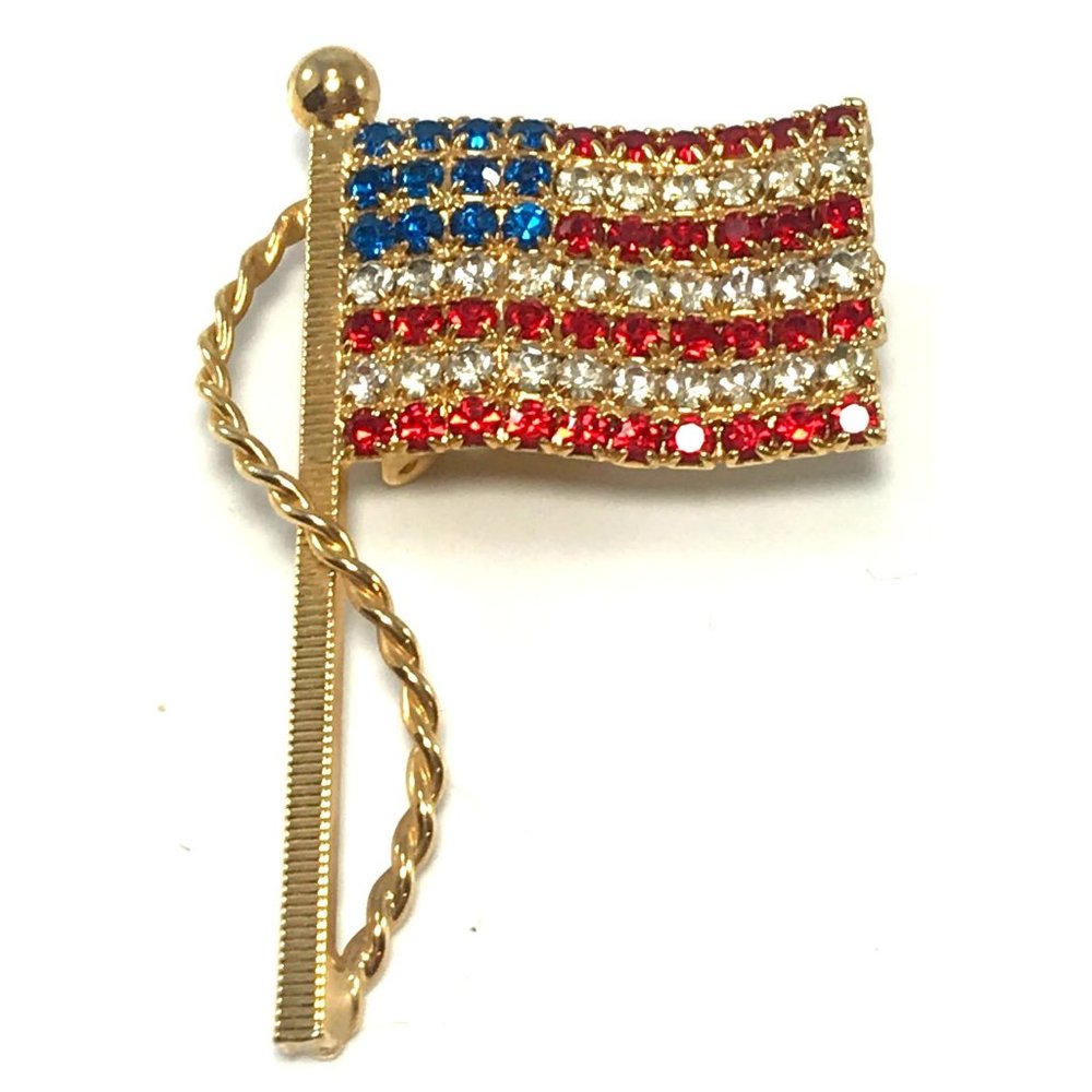 Patriotic American Flag Rhinestone. Brooch Gold Tone Red White & Blue